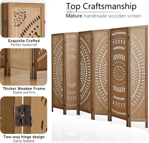 Vista 4 de Separador de pared de madera de 6 paneles de 6 pies, pantalla de división plegable, separador de pared independiente, decoración rústica bohemia
