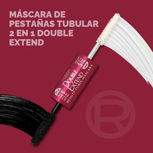 Vista 4 de L'Oreal Paris Máscara de pestañas de doble extensión con tubo, máscara de alargamiento de 2 pasos, a prueba de manchas, negro
