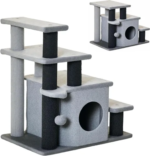 Vista 11 de PawHut Escaleras para mascotas con poste rascador de sisal para gatos Escalones para gatos de altura ajustable de 3/4, condominio, pelota de juguete