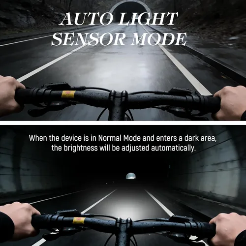 Vista 5 de Luz de bicicleta de 2500 lúmenes con sensor de luz automático, faro LED súper brillante, recargable USB-C, fácil instalación para conducción