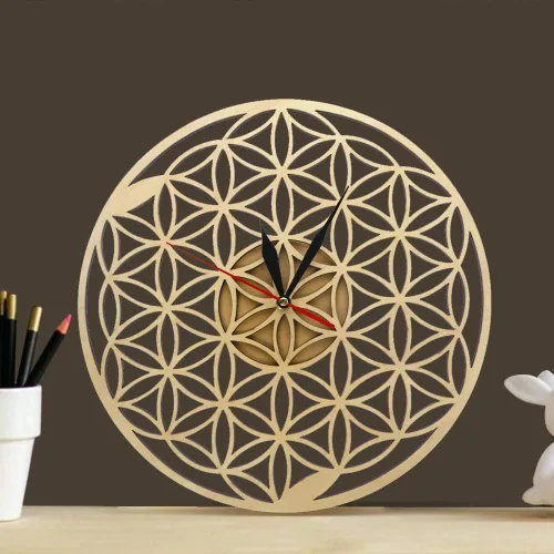 Vista 6 de The Geeky Days Flower of Life Intersect Rings Reloj de pared de madera geométrica geometría sagrada Reloj decorativo Reloj de inauguración