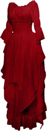 Vista 4 de Vestido victoriano para mujer, disfraz medieval vintage, manga abombada, hombros descubiertos, vestido de princesa renacentista alto y bajo