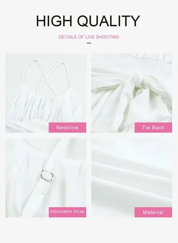 Vista 5 de Dokotoo Vestidos de tirantes delgados para mujer, cuello redondo, lazo, sin mangas, cintura elástica, dobladillo con volantes, acampanado