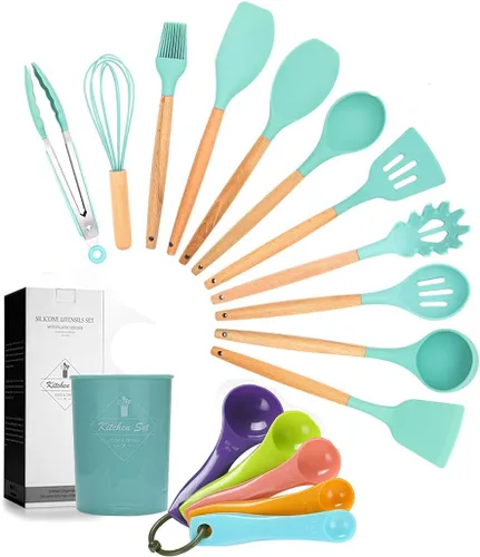 Vista 9 de Juego de 17 utensilios de silicona con mango de madera, resistente al calor, utensilios de cocina fáciles de limpiar, herramientas de cocina