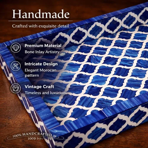 Vista 4 de Bandeja de servir hecha a mano con incrustaciones de hueso, bandeja de desayuno de damasco marroquí azul y blanco, bandeja rectangular de madera