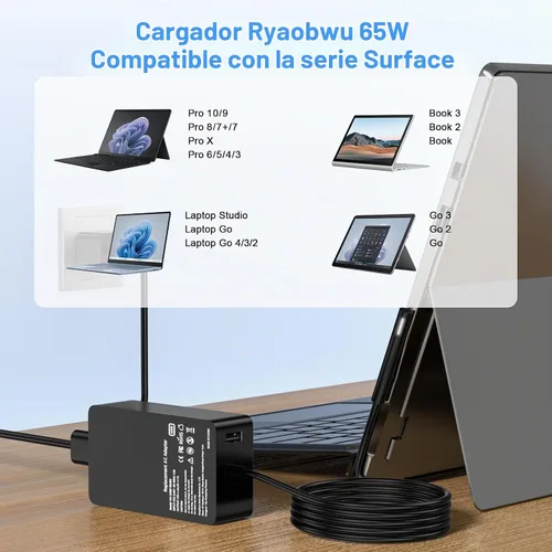 Vista 2 de Cargador para laptop de 65 W compatible con Microsoft Surface Pro 11 10 9 8 3 7 7+ 6 5 4 X, compatible con Surface Windows Laptop 7 6 5 4 3 2 1