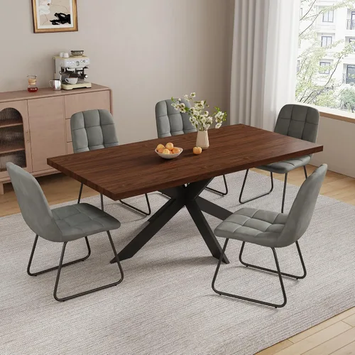 Vista 29 de ZckyCine Juego de mesa de comedor extensible de 6 piezas, moderna mesa de madera gris de 63 a 79 pulgadas con 6 sillas de tela gris, mesa de comedor
