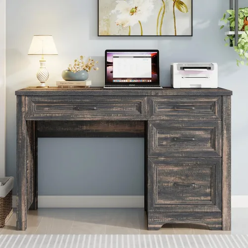 Vista 10 de Halitaa Escritorio ejecutivo de granja con cajones, escritorio de madera para computadora con amplio cajón de archivos, escritorio rústico