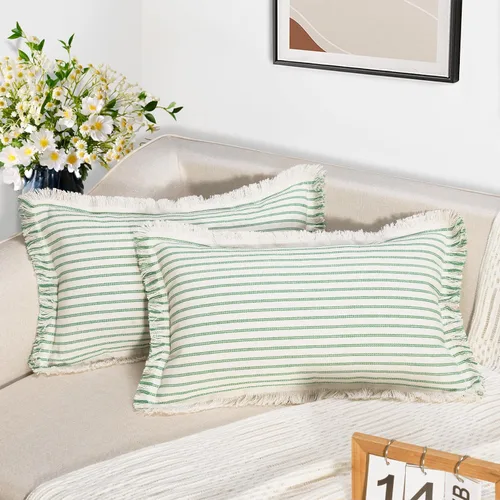 Vista 10 de Fundas de almohada ZWJD de 16 x 16 pulgadas, juego de 2 fundas de almohada a rayas con borlas, fundas de almohada de algodón chic, fundas de cojín