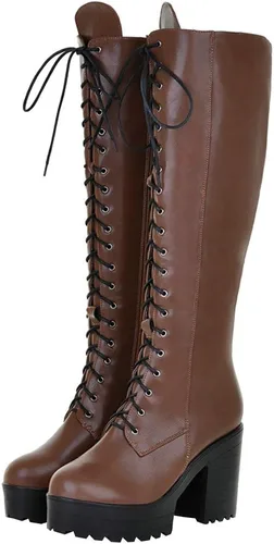 Vista 85 de Parisuit Botas góticas altas hasta la rodilla con hebilla de plataforma para mujer, tacón alto grueso, con cordones, botas de combate punk, con Negro