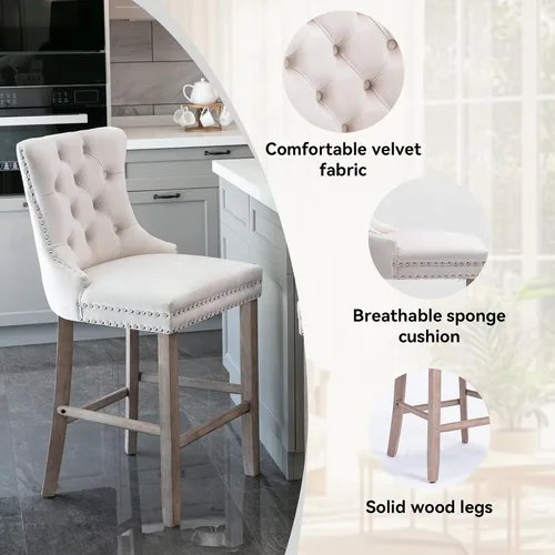 Vista 3 de Juego de 2 Sillas de Comedor, Modernos Taburetes de Bar Tapizados de Terciopelo con Decoración de Botones Capitoné y Patas de Madera, Ribete