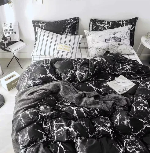 Vista 2 de Luxlovery Juego de edredón con diseño marmoleado blanco y negro, edredón moderno y acogedor, diseño abstracto, para hombres, adolescentes y niños
