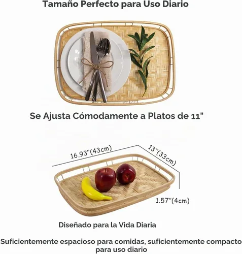 Vista 6 de PEMAR Juego de 4 bandejas de servir de mimbre de bambú para alimentos y bebidas, bandejas rectangulares para desayuno en la cama con asas, bandejas