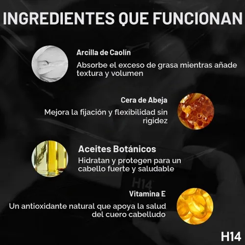 Vista 4 de H14 Arcilla mate cruda para hombres – Arcilla para el cabello fuerte y flexible con bentonita y caolín – Textura reutilizable, acabado mate