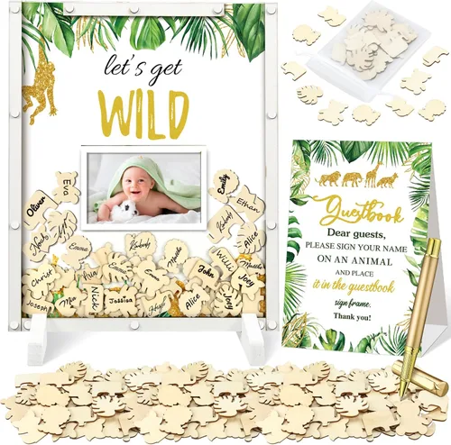 Vista 11 de Beeveer 65 piezas de libro de invitados para baby shower, libro de invitados azul para baby shower, libro de invitados con marco de fotos y 60 chips