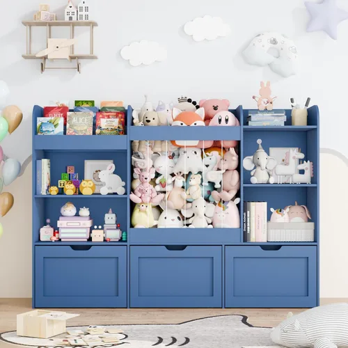 Vista 6 de Organizador de juguetes para niños de 61 pulgadas de ancho con almacenamiento de animales de peluche, estantería Montessori con 4 compartimentos