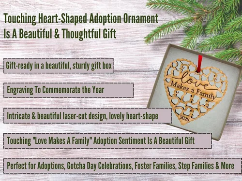 Vista 4 de Adorno de adopción 2026 en madera cortada con láser, el amor hace una familia, regalo del día de Gotcha, ideal para la familia o ideas mezcladas