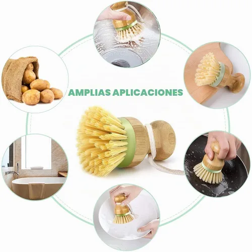 Vista 6 de Cepillo de bambú para platos, ollas, sartenes, fregadero de cocina, limpieza de sartén de hierro fundido, paquete de 2