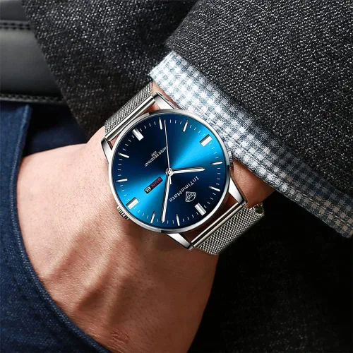 Vista 4 de INTIMEMATE Reloj de pulsera para hombre, de lujo, con diamantes de lujo, con calendario, vestido de negocios, reloj brillante para hombre