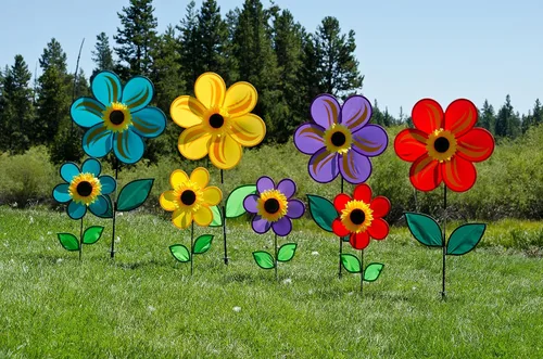 Vista 4 de Molinete con hojas de girasol púrpura "En la Briza" de 19 pulgadas. Incluye estaca para el suelo. Colorida flor para tu patio y jardín, 12", Rojo