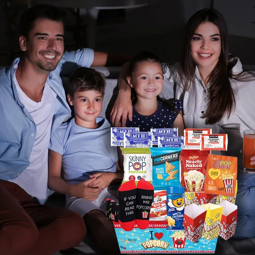 Vista 3 de AMANTE DE LAS PALOMITAS Cesta de regalo para noche de películas paquete de cuidado - para familia o regalo de cumpleaños variedad de aperitivos