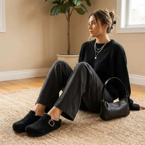 Vista 7 de CUSHIONAIRE Haven - Zuecos de cuero genuino para mujer, zapatos sin cordones con forro de piel sintética con plantilla de corcho y hebilla ajustable