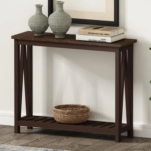 Vista 8 de ChooChoo Mesa de Consola para Entrada, Mesas de Sofá para Sala de Estar Estilo Granja, Mesa Estrecha para Pasillo y Vestíbulo con Estante, Negro