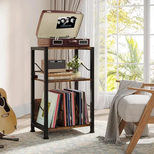 Vista 2 de Hosfais - Soporte para tocadiscos de 3 niveles, mesa de almacenamiento para discos de vinilo retro para sala de estar y dormitorio (marrón)