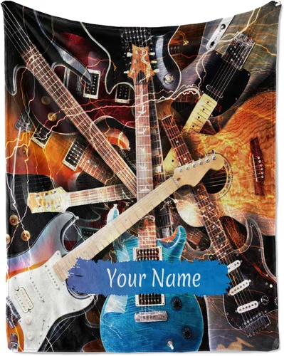 Vista 24 de Jekeno Regalos personalizados de guitarra para mujeres y hombres, impresión de manta de guitarra, manta personalizada con nombre, mantas de franela