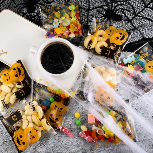 Vista 7 de Boao 100 bolsas de golosinas de Halloween, bolsas transparentes autoadhesivas para dulces, calabaza a granel, celofán, bolsa de plástico