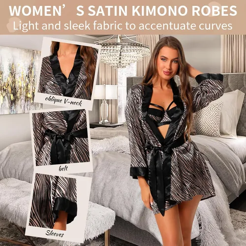 Vista 3 de Foxzone Conjunto de lencería para mujer, 2 piezas, brasier y bragas, bata de satén, ropa de descanso, babydoll