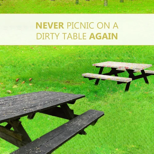 Vista 5 de LINPRO Funda de mesa de picnic de 6 pies con fundas de banco, cubiertas de vinilo ajustables para mesa de picnic con artículos esenciales de Floral
