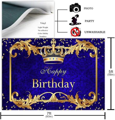 Vista 2 de Avezano Telón de fondo de fiesta de cumpleaños de príncipe para niño, corona de rey azul real y dorado, decoración de fiesta, fondo de fotografía