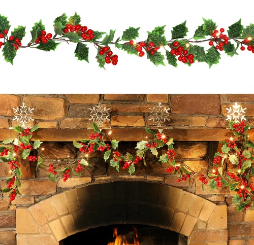 Vista 8 de Guirnalda de Navidad iluminada de bayas rojas de 9 pies, guirnalda de Navidad operada por batería con luces, guirnalda artificial flexible