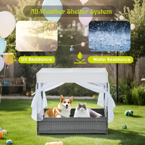 Vista 5 de Casa de mimbre para perros de 36 pulgadas, para interiores y exteriores, con toldo, resistente a la intemperie, cama de refugio para perros