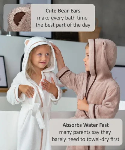 Vista 4 de Bata de baño premium suave para niños pequeños - Bata de bambú de rayón para niños con capucha - Bata para niños y niñas Beige