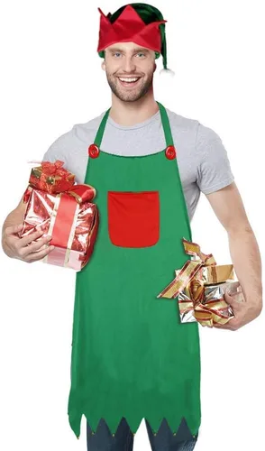 Vista 8 de LOVEINUSA Juego de delantal y sombrero de elfo de Navidad, delantales de Papá Noel, sombreros de cosplay para fiesta de Navidad, suministros