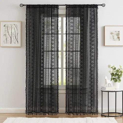 Vista 20 de Cortinas de encaje transparente con borlas de lino bohemio beige, elegante geometría de ganchillo, bolsillo para barra, cortinas de ventana