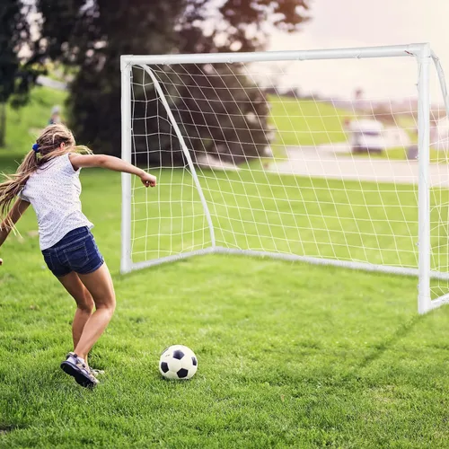 Vista 7 de GYMAX Portería de fútbol, porterías de fútbol para patio trasero con red para todo tipo de clima, estaca de tierra y bridas de cremallera, marco