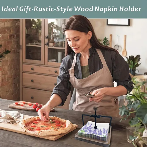 Vista 8 de Servilletero de madera rústica para mesa, decoración de mesa de cocina de granja, servilletero plano con brazo y asa con peso para el hogar, cocina