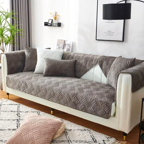 Vista 2 de vctops Funda de sofá de terciopelo para sillón, antideslizante, acolchada, súper suave, funda geométrica cálida en forma de L para sofá, para Marrón