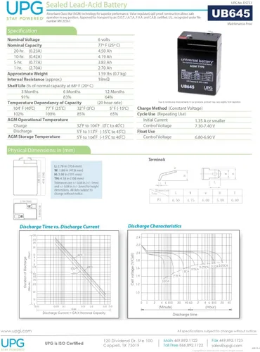 Vista 5 de UB645 6V 4.5AH Batería de plomo ácido sellado (SLA) .187 TT (D5733)