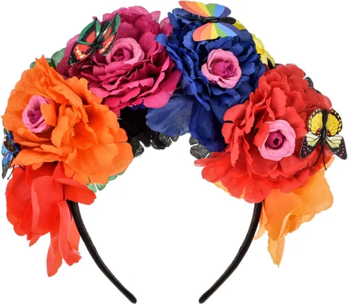 Vista 14 de DreamLily Frida Kahlo NC26 - Diadema con corona de rosas mexicanas para disfraz de fiesta de Halloween