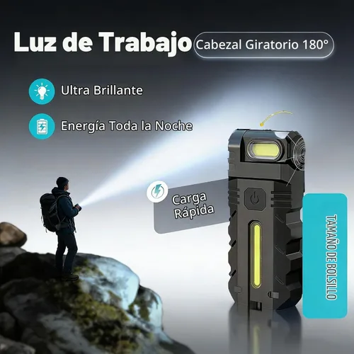 Vista 2 de Luz de trabajo LED con cabezal giratorio de 180°, doble haz, base magnética y recargable USB-C, mini llavero, linterna manos libres con clip