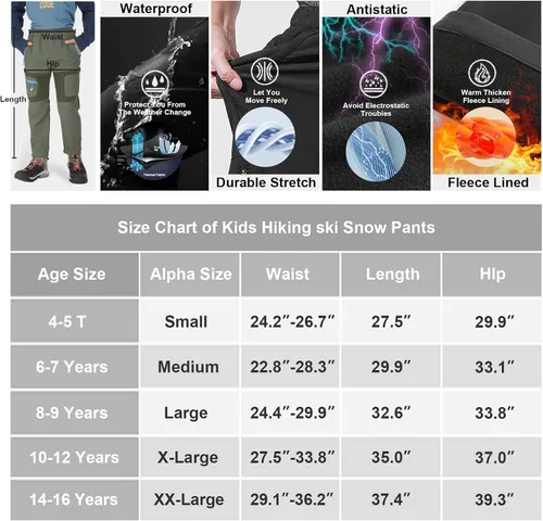 Vista 7 de linlon Pantalones cargo de senderismo para niños y jóvenes, impermeables, con forro polar suave y forro polar, pantalones de nieve aislados, Nieve