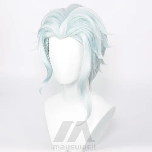 Vista 4 de Peluca de cosplay de anime con mezcla de plata con cabello azul claro Custome para fiesta temática de Halloween con gorra