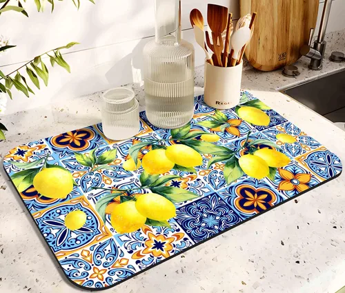 Vista 14 de Tapete de secado de platos para encimera de cocina, 20 x 12 pulgadas, lavable, almohadilla de secado rápido de platos, parte trasera de goma Flores