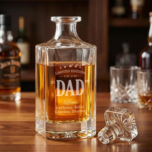 Vista 7 de Juego de decantador de whisky personalizado con vasos para papá, juegos de decantadores de bourbon personalizados, 4 diseños, vasos de whisky