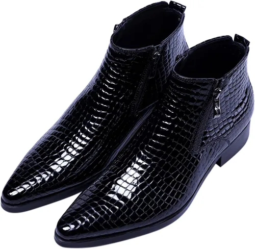 Vista 6 de SANTIMON Botas casuales con cremallera y punta puntiaguda, de cuero de charol para hombre
