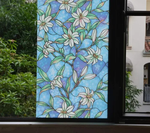Vista 2 de VSUDO Película de privacidad esmerilada de color de 17.7 x 78.7 pulgadas, extraíble, sin pegamento, colorido patrón de orquídea azul lirio, película